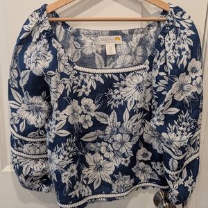 C&CCalifornia Womens M Cropped Linen Blouse Blue Floral Puff Sleeves hawaiiBeach